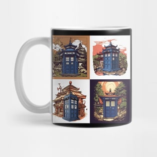 Illustration of four blue tardis in Japan on sunset Mug